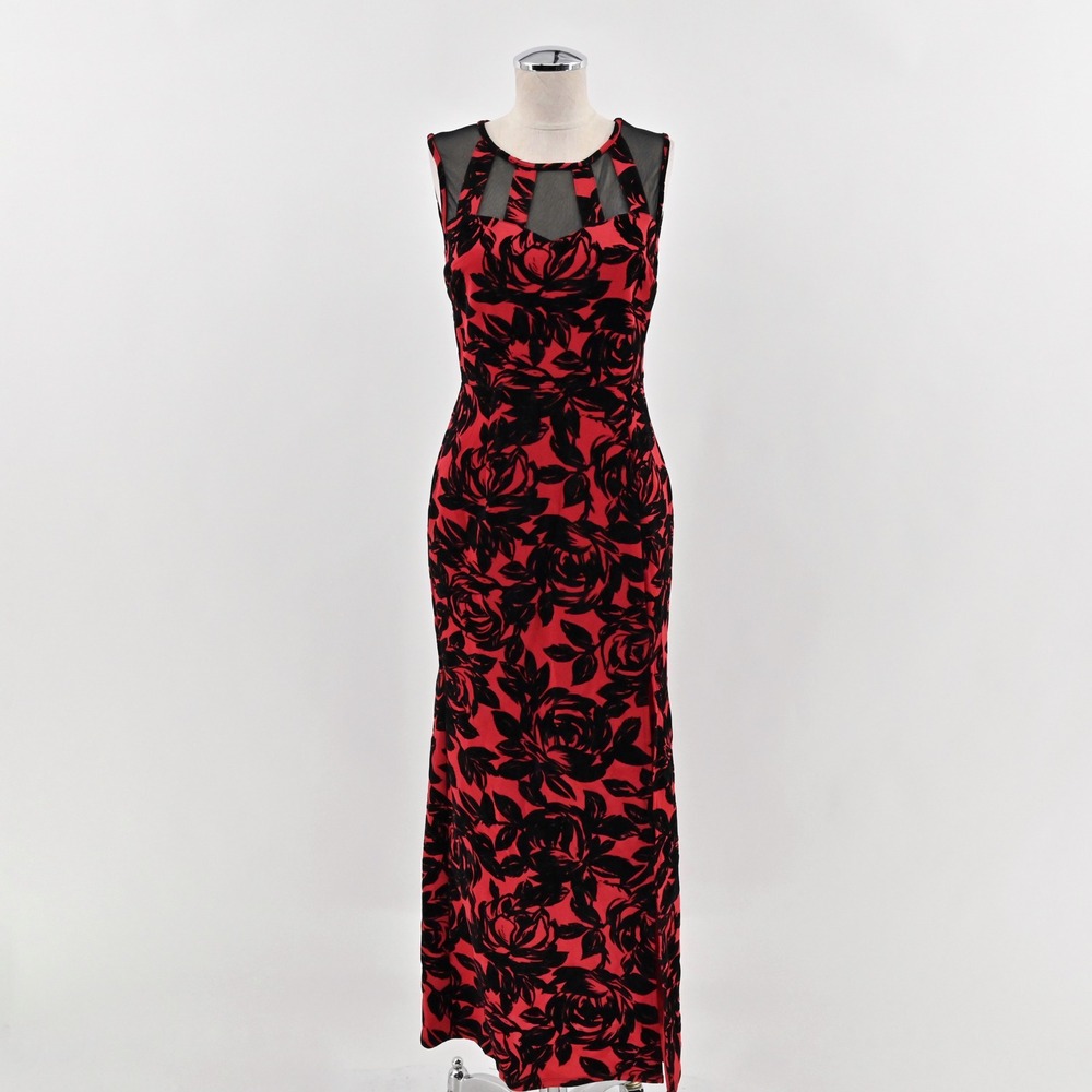 Sweet Storm Floral Mesh Maxi Dress Size M Red Black Romantic Evening‎ Formal